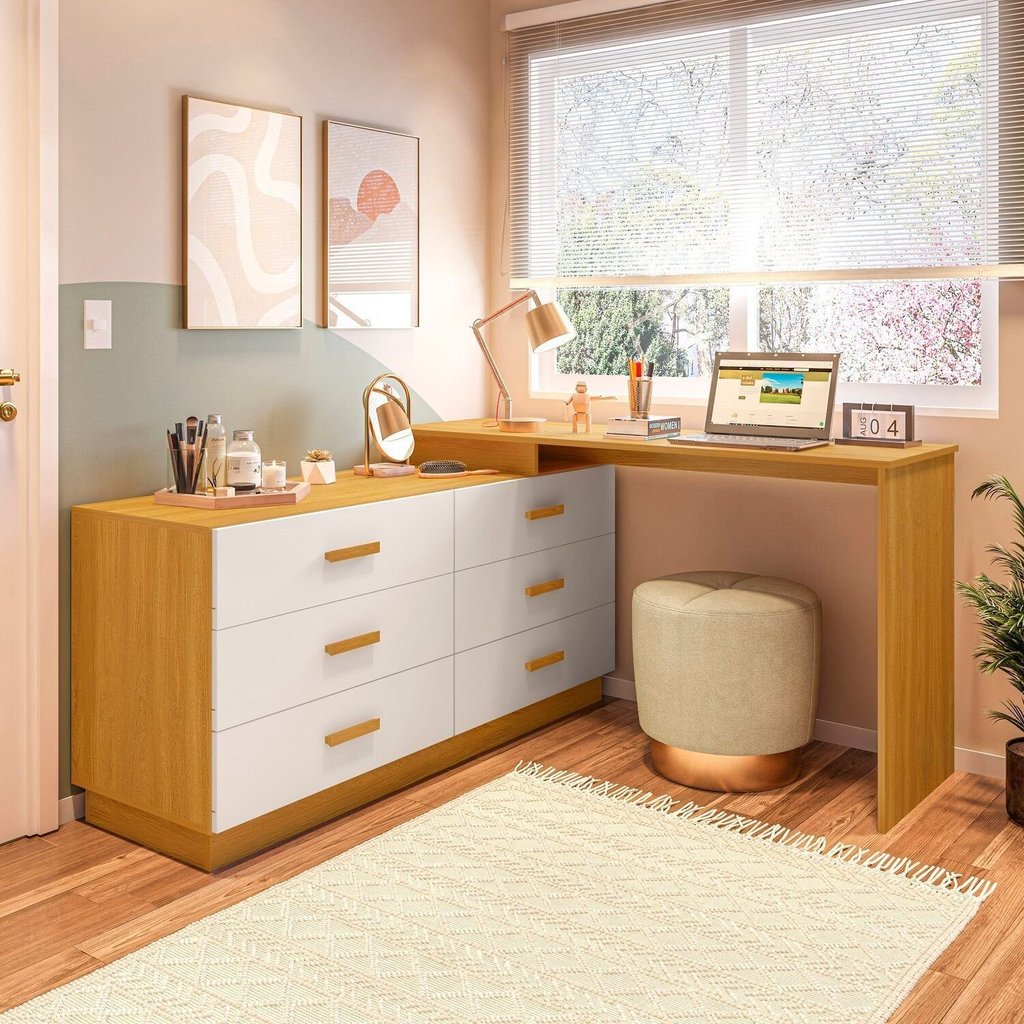 Cômoda com Escrivaninha em L com 6 Gavetas Leonie Yescasa Freijó/Branco em Oferta na Shopee