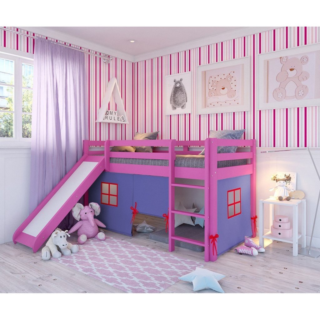 Cama Alta Infantil com Escorregador e Tenda em Madeira Maciça/MDF Rosa/Azul Rosa/Azul