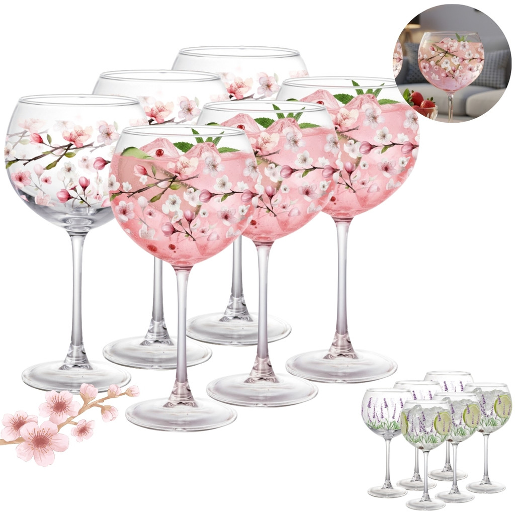Conjunto Tacas Para Gin Blow Em Vidro Flores 630ml Lavanda Flor de Cerejeira