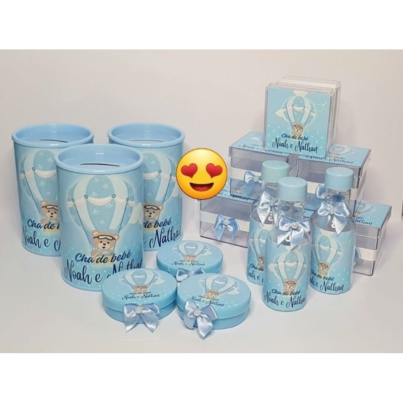 kit com 50 lembrancinhas Ursinho Baloeiro( Azul ), tubete, caixinha, garrafinha e cofrinho