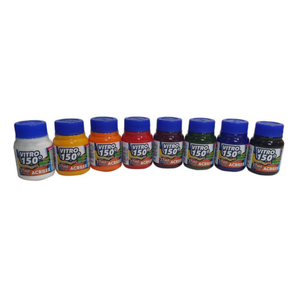Kit com 8 Unidades Tinta 150 Vitro Acrilex à Base de Água para Vidro Cerâmica Porcelana Durabilidade