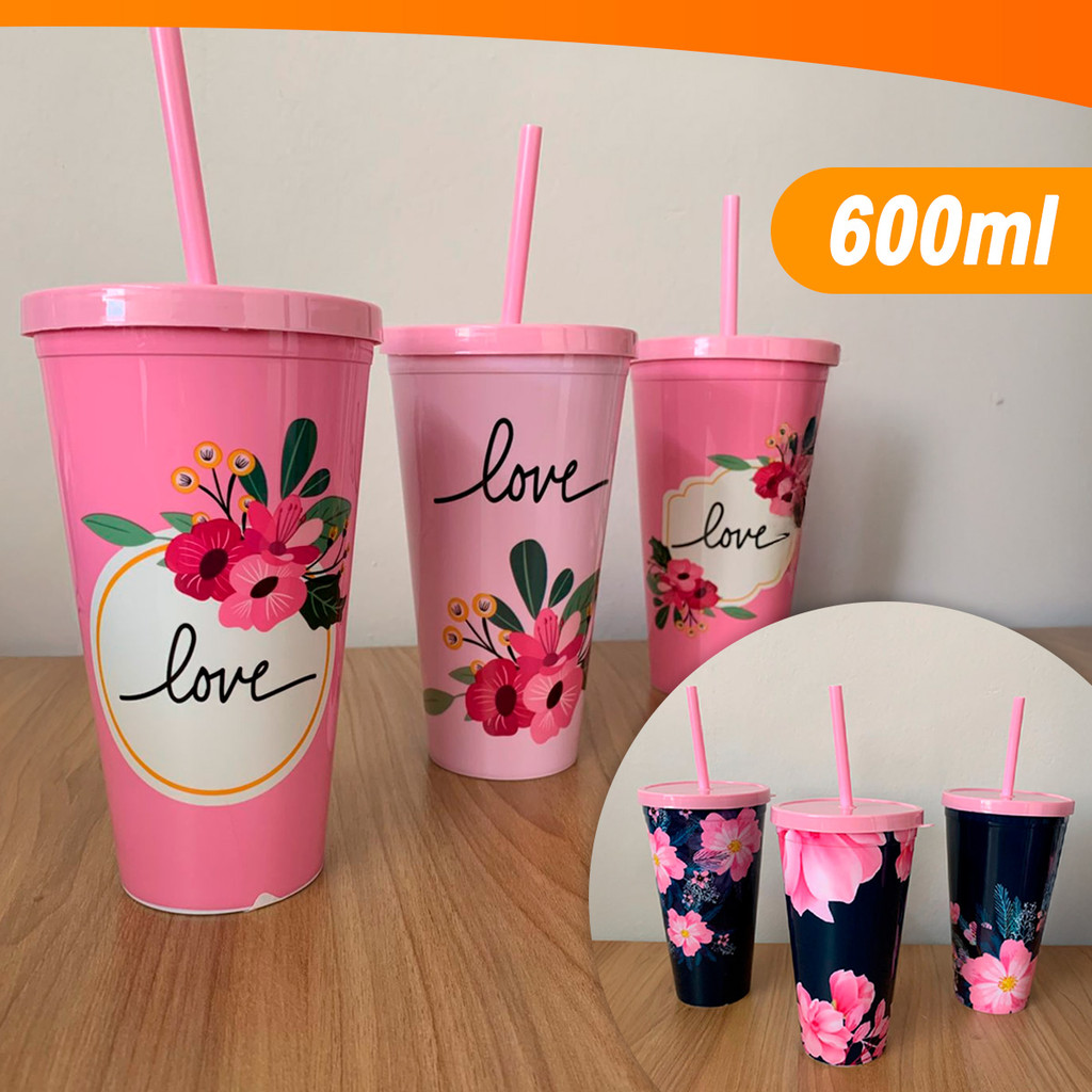 Copo Com Tampa E Canudo com Trava De Plástico De 600ml - Varios Modelos Kolling Sell em Oferta na Shopee