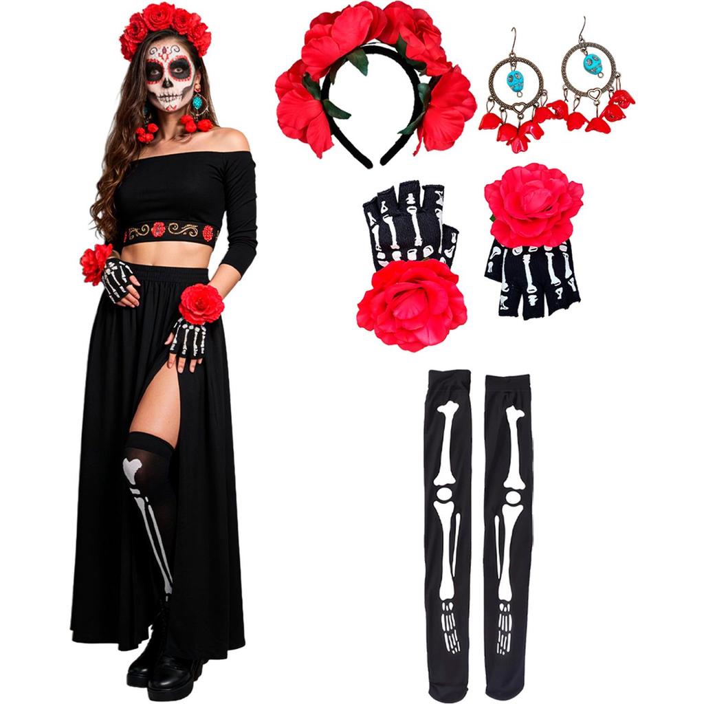 Kit Fantasia Caveira Mexicana Adulta Fantasia Halloween Feminina Barata Tiara Flores Luva e Meia de Esqueleto