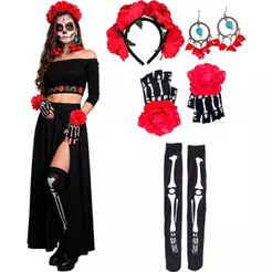 Kit Fantasia Caveira Mexicana Adulta Fantasia Halloween Feminina Barata Tiara Flores Luva e Meia de Esqueleto