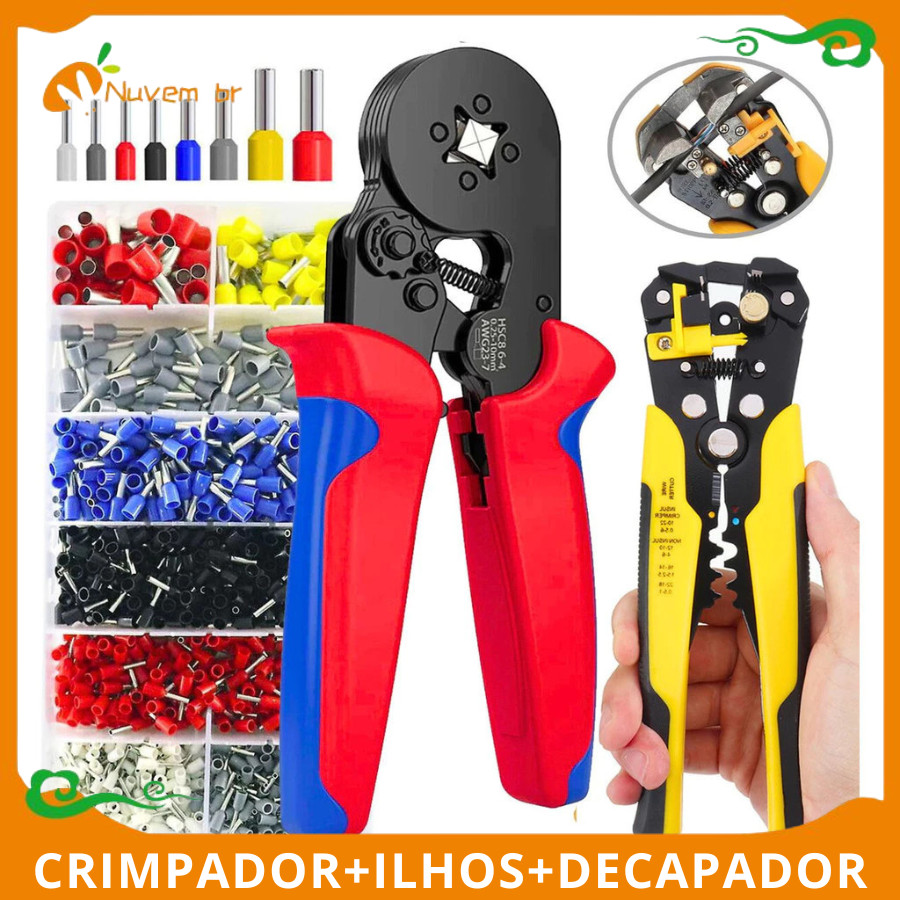 Kit Alicate Crimpagem Profissional 1200 Terminais Ilhós Tubular Descascador Fios Ajuste Ferramenta Elétrica Fácil-NUVEM