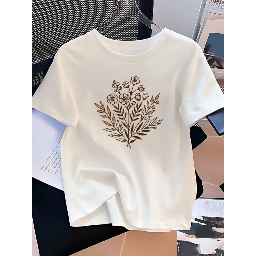 Camiseta Feminina Coração Floral Estilo Coreano Estampada Confortável Linda Romântica Moda Casual