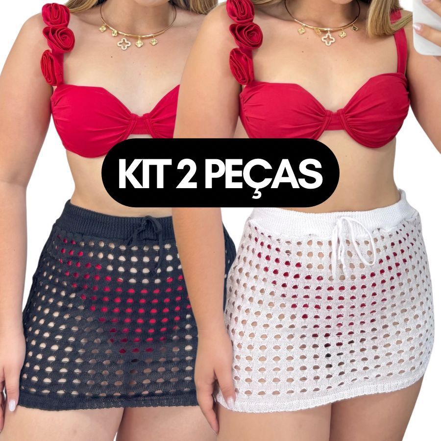 KIT 2 Saias CURTA Tricot Furadinha – Saída de Praia Feminina Estilo Verão / Mini Saia Tricô