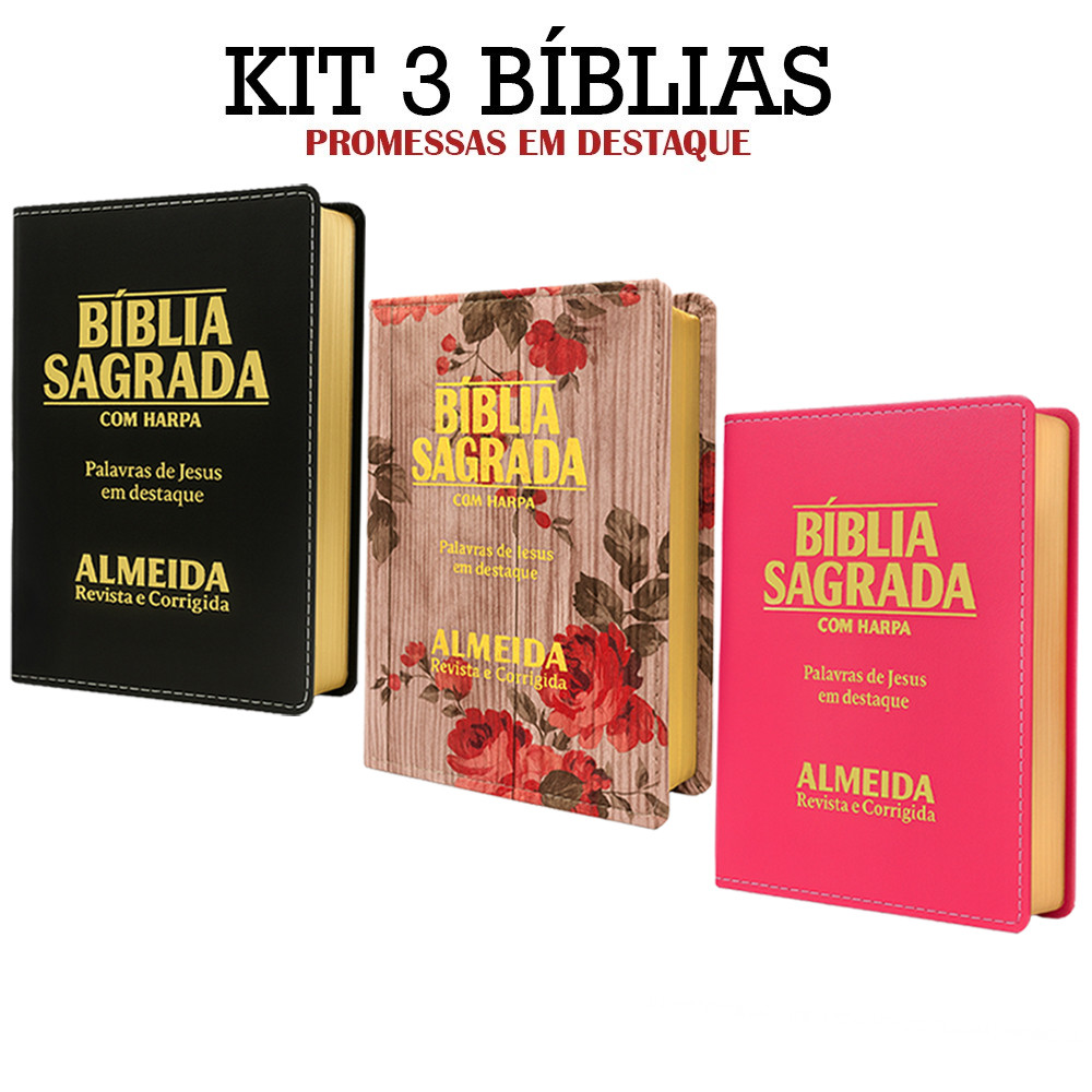 Kit 3 Bíblias Letra Grande - Luxo - Variadas com Harpa - 11x18cm em Oferta na Shopee