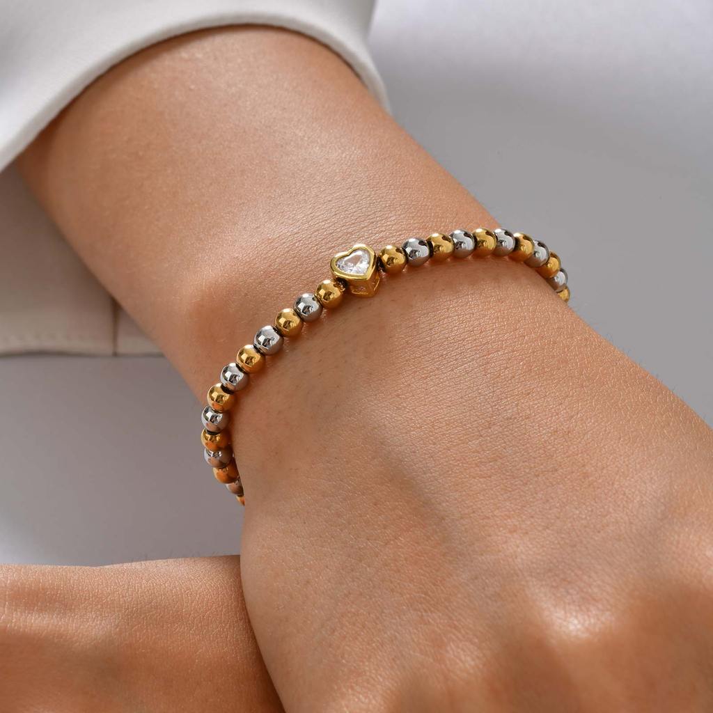 Pulseira Cúbica Feminina Vnox Com Contas Em Formato De Coração, Banhada A Ouro, À Prova D'água, Não Mancha, Corrente · foto 2