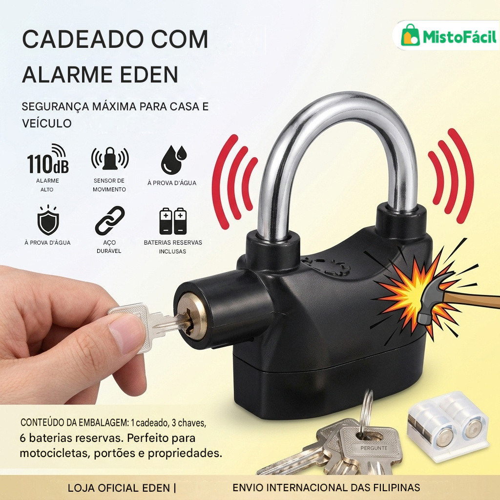 Imagem Cadeado de Alarme Sonoro Antifurto, Trava Resistente e Impermeável para Motocicleta, Bicicleta e Mala