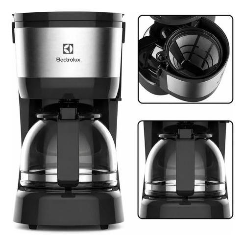 Cafeteira elétrica Electrolux ECM20 Efficient na cor inox e preta, exibindo a jarra de vidro e detalhes do filtro interno em ângulos variados.