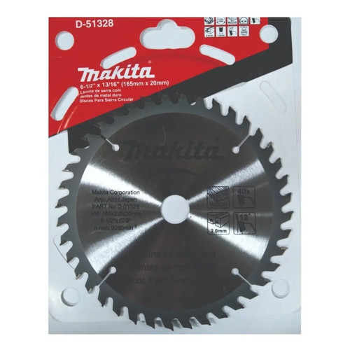 Lâmina Serra Circular Makita TCT 165mm 20mm 40 Dentes D-51328 Disco Corte Madeira MDF Aço Profissional