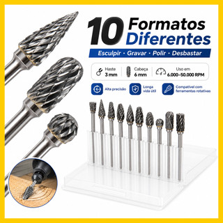 Kit 10 Pontas Montadas Tungstênio para Micro Retífica Gravação Corte Lixa Polimento