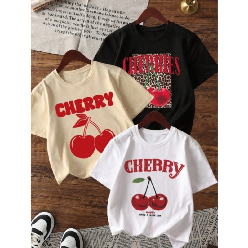 Kit 3 Camiseta Infantil Menina Algodão Básica Blusa Cherry Minimalista Modinha T-shirt Leve e Fresca