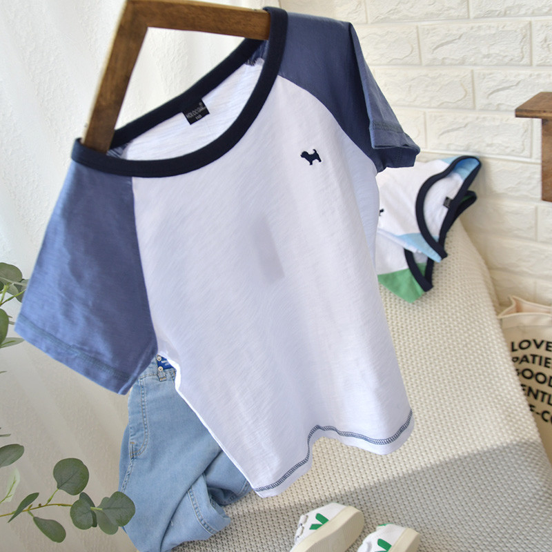 Meninos pele-amigável respirável Slub algodão de manga curta camiseta 110-170 médio grande crianças em torno do pescoço 