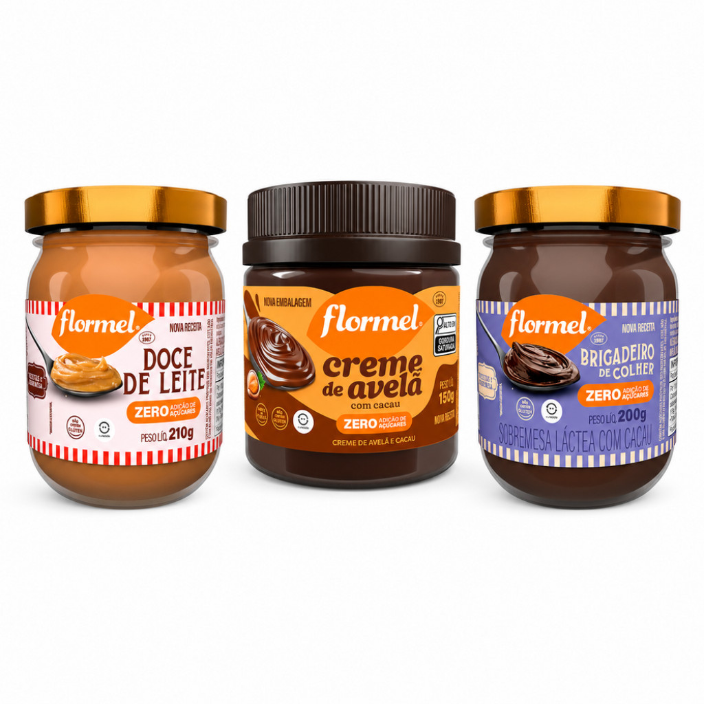 Kit 3 unid Doce de Leite Brigadeiro Creme de Avelã Cremosa Zero Açucar Flormel 210g cada