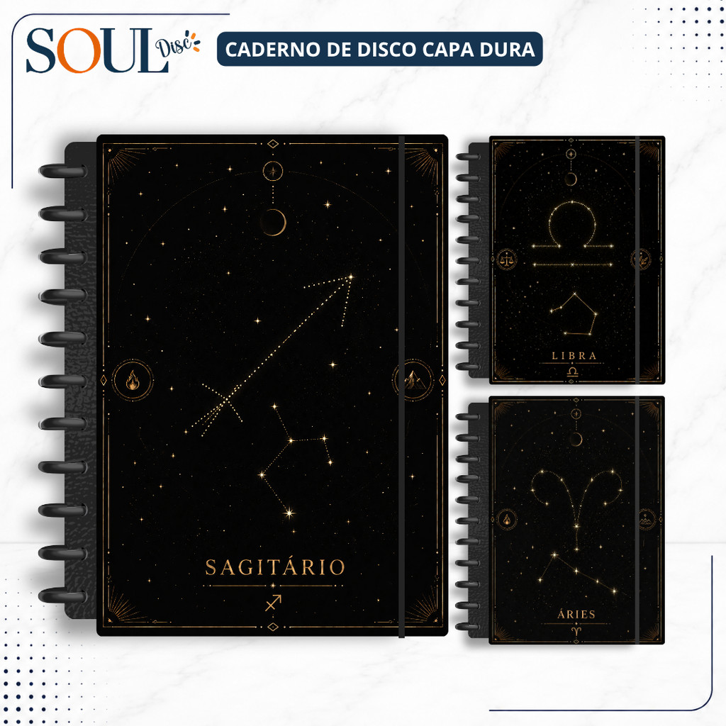 Imagem CADERNO DE DISCO INTELIGENTE SÍGNOS DO ZODIACO - MINI, P, M, G e (G de 10 MATÉRIAS)