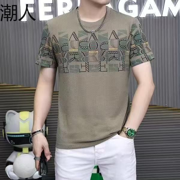T na moda verão moda respirável masculino de manga curta camiseta na moda impresso Casual magro-ajuste redondo