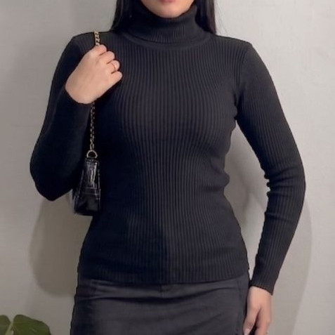 Blusa Gola Alta Feminina Cacharrel  Tricot  Canelado Manga Comprida Inverno Elegante Tamanho Único