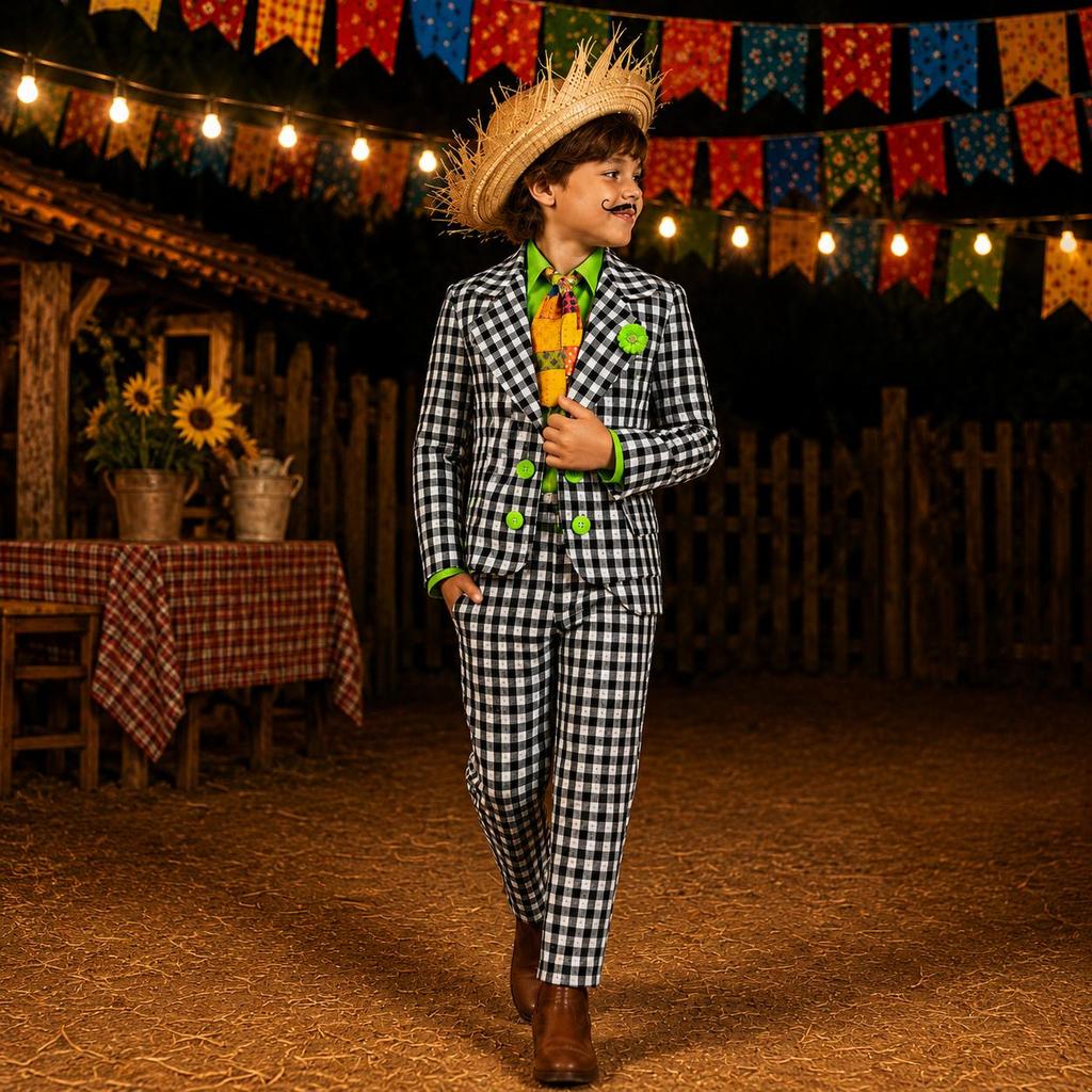 Roupa Infantil Masculina Festa Junina Jeca Tatu Conjunto Completo Laranja
