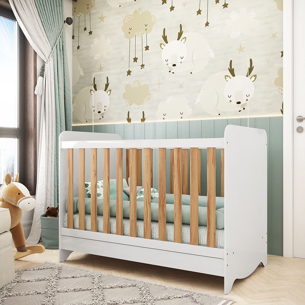 Berço Mini Cama Americano 100% MDF 3 em 1 Ben Branco/Brilho/Amêndoa Branco Brilh