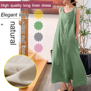 【Estilo Casual】Vestido Longo Sem Mangas Com Bolso Verão / Vestido de Verão / Look Feminino / Algodão e Linho