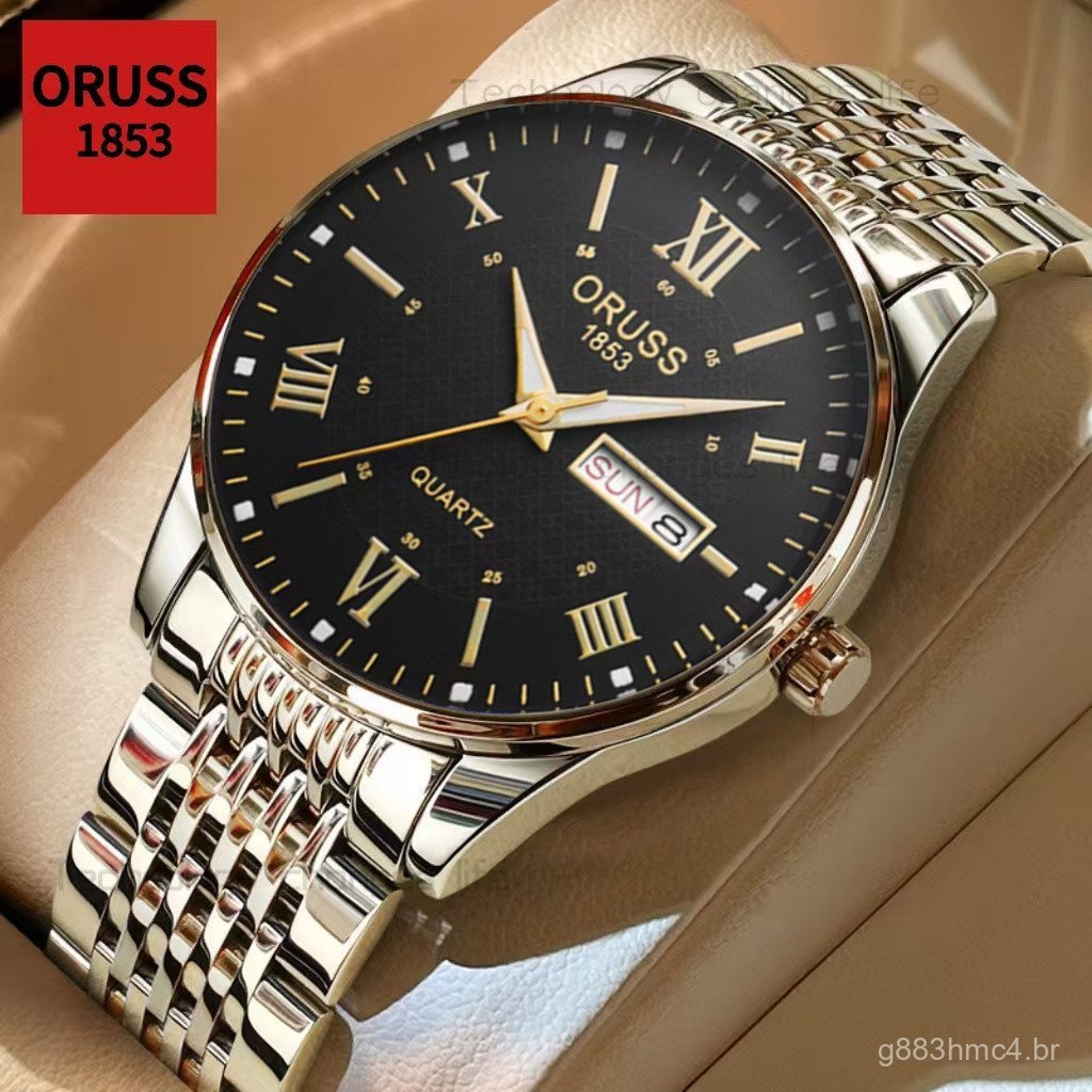 Relógio de Pulso Masculino Original ORUSS com Duplo Calendário, Luxuoso, em Aço Inoxidável Prateado, Luminoso, à Prova d