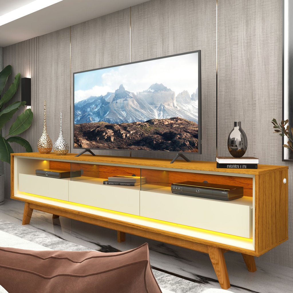 Rack para TV até 85 Polegadas com LED 100% MDF 211,4cm Pés em Madeira Maciça Requinte Marrom Naturale/Off White