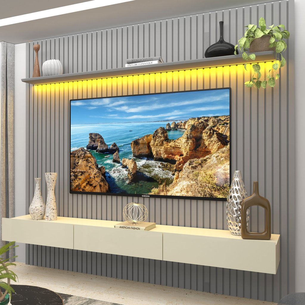 Rack com Painel Ripado para TV até 90 Polegadas com LED 100% MDF 228,8CMX250CM 3 Gavetas Cinza Cinza/Off White
