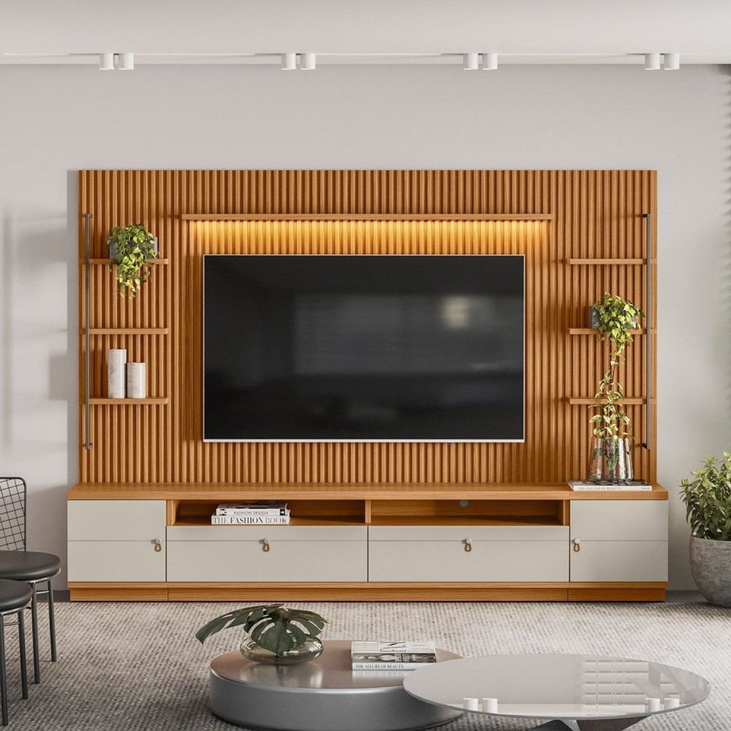 Rack com Painel para TV até 75 Polegadas Ripado com LED MDF Marrom 198x268cm Ouro Preto 268