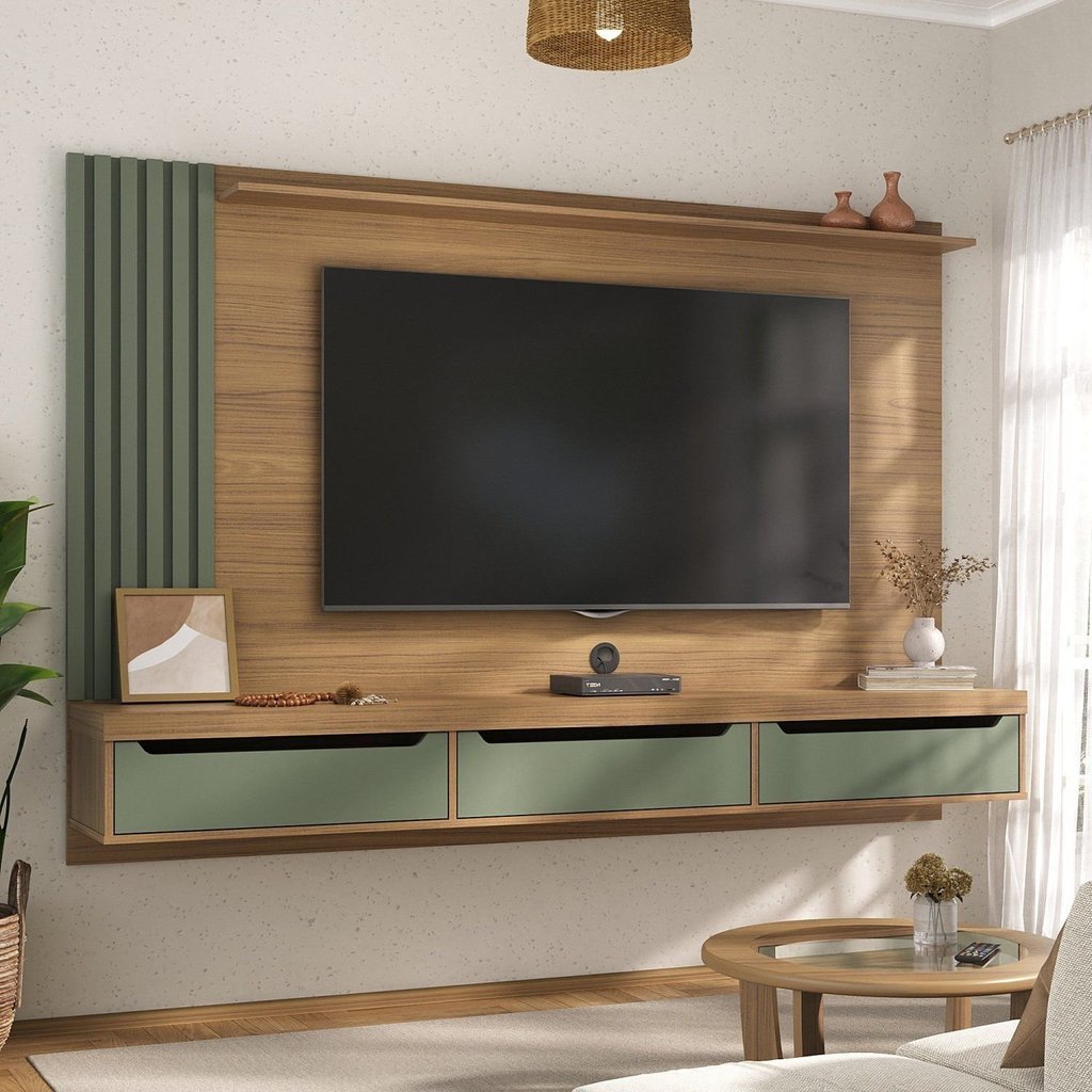 Painel Ripado para TV até 75 Polegadas MDF 200CMX137,5cm 3 Gavetas Presence Marrom Carvalho/Menta