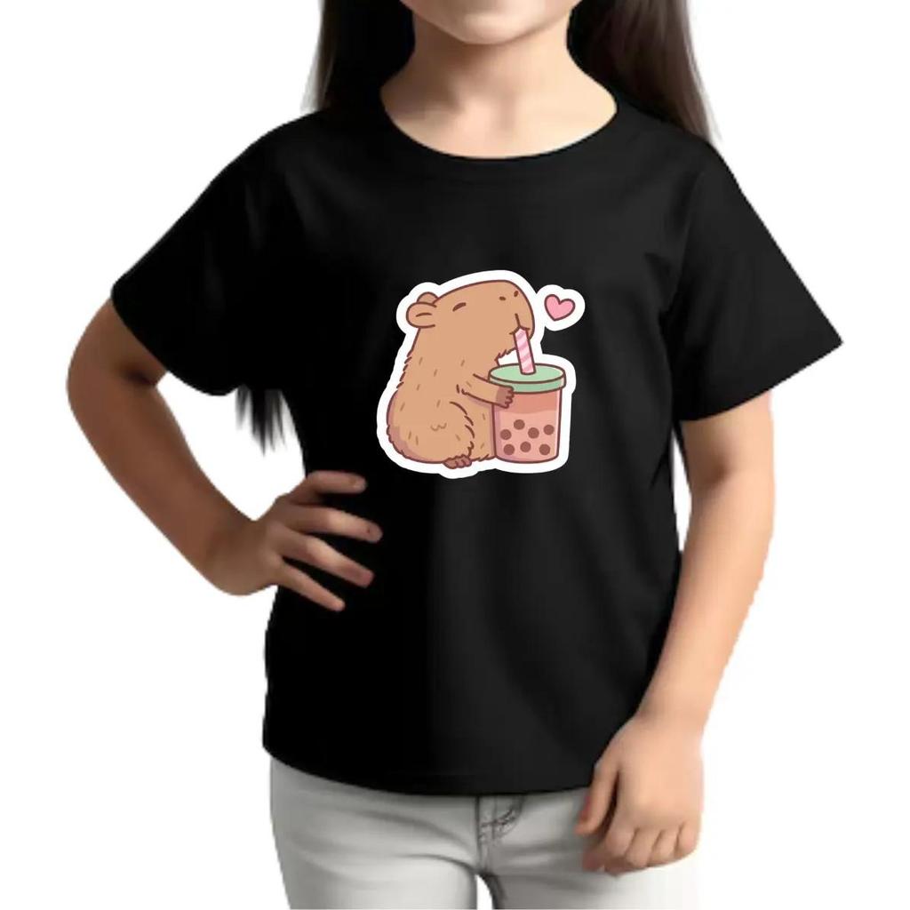 Camiseta Infantil Feminina Capivara Fofa 100% Algodão Estampada Confortável para Menina