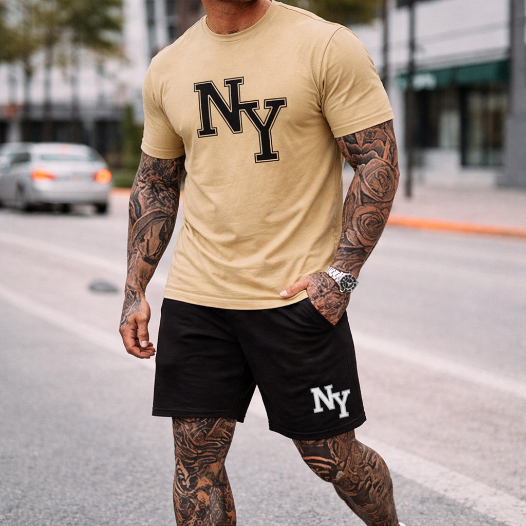 Camiseta + Bermuda NY GRANDE Lançamento Confortavel Básico Leve Primavera Verão Masculino