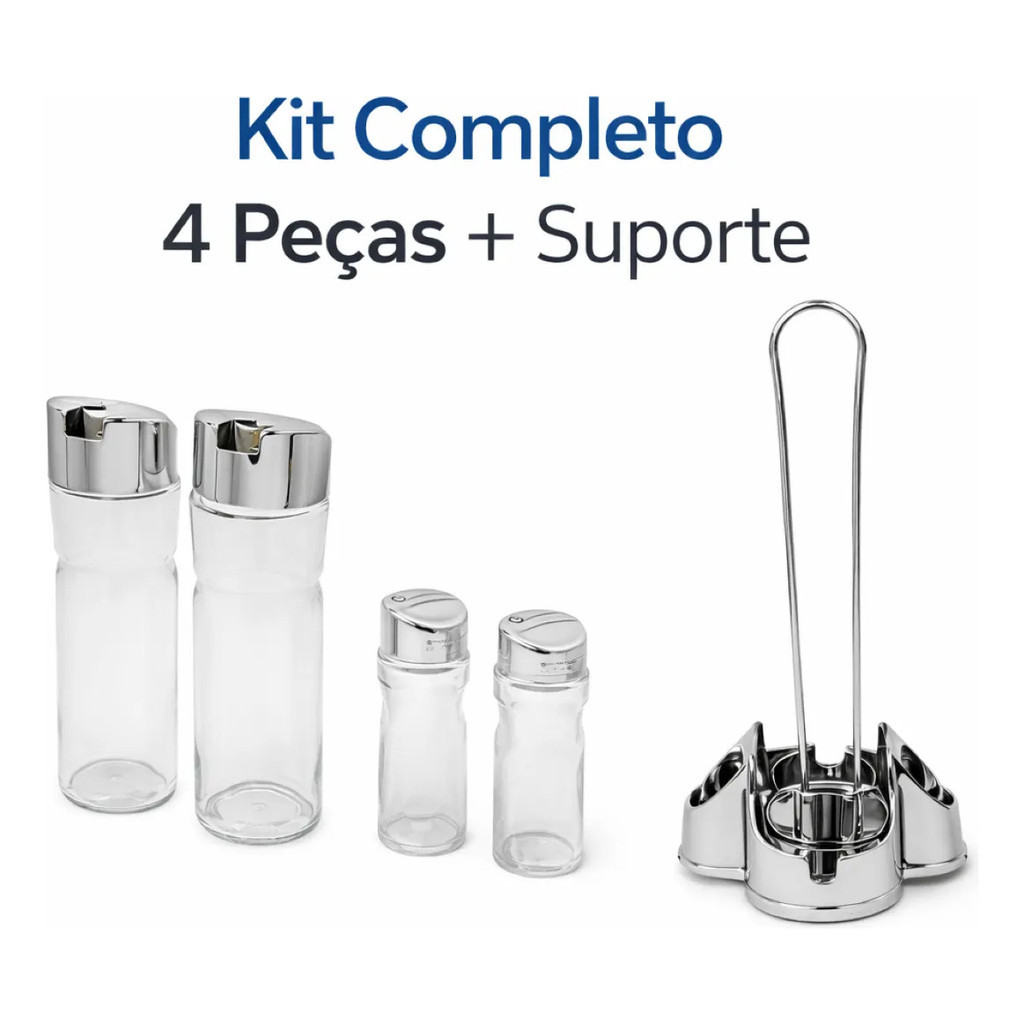 Galheteiro Completo 4 Potes Vidro Com Tampa E Suporte Inox