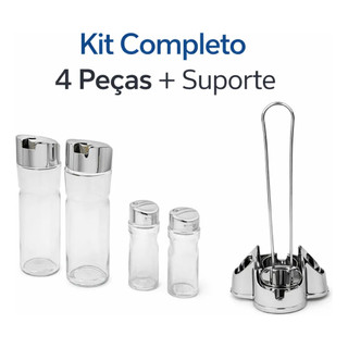 Galheteiro Completo 4 Potes Vidro Com Tampa E Suporte Inox