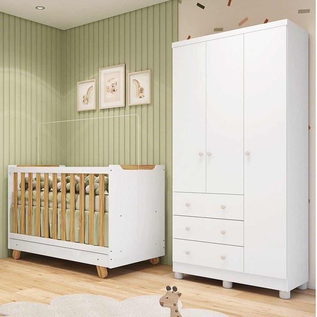 Quarto de Bebê com Guarda-Roupa 3 Portas e Berço 4 em 1 Minicama 100% MDF Mike Espresso Móveis Branc Branco