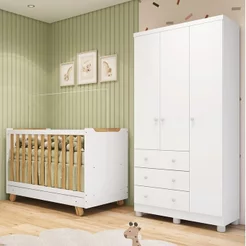Quarto de Bebê com Guarda-Roupa 3 Portas e Berço 4 em 1 Minicama 100% MDF Mike Espresso Móveis Branc Branco