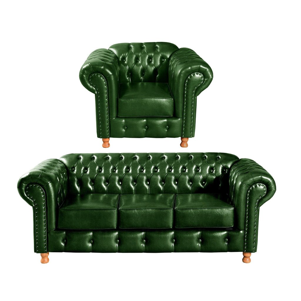 Conjunto de Sofá 3 Lugares e 1 Poltrona Chesterfield Luís Xv Verde Verde