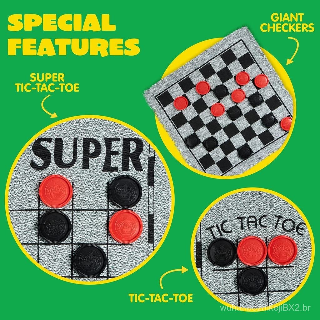 Jogo de damas retrô 3 em 1, Tic, Tac, Toe, com tapete reversível, 24 peças, jogo de tabuleiro familiar, jogo de jardim, 