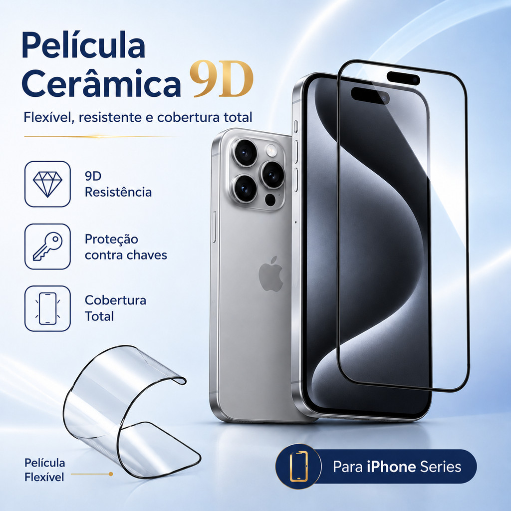 Película Cerâmica 9D Flexível com Borda Preta para iPhone 11 12 13 14 15 16 17 Pro Pro Max Plus Air