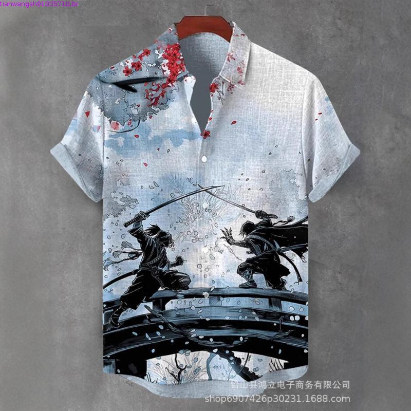 Moda Masculina Gola Alta Csa De Manga Curta Botão-Up plus Size Casual Respirável Streetwear ZJBY