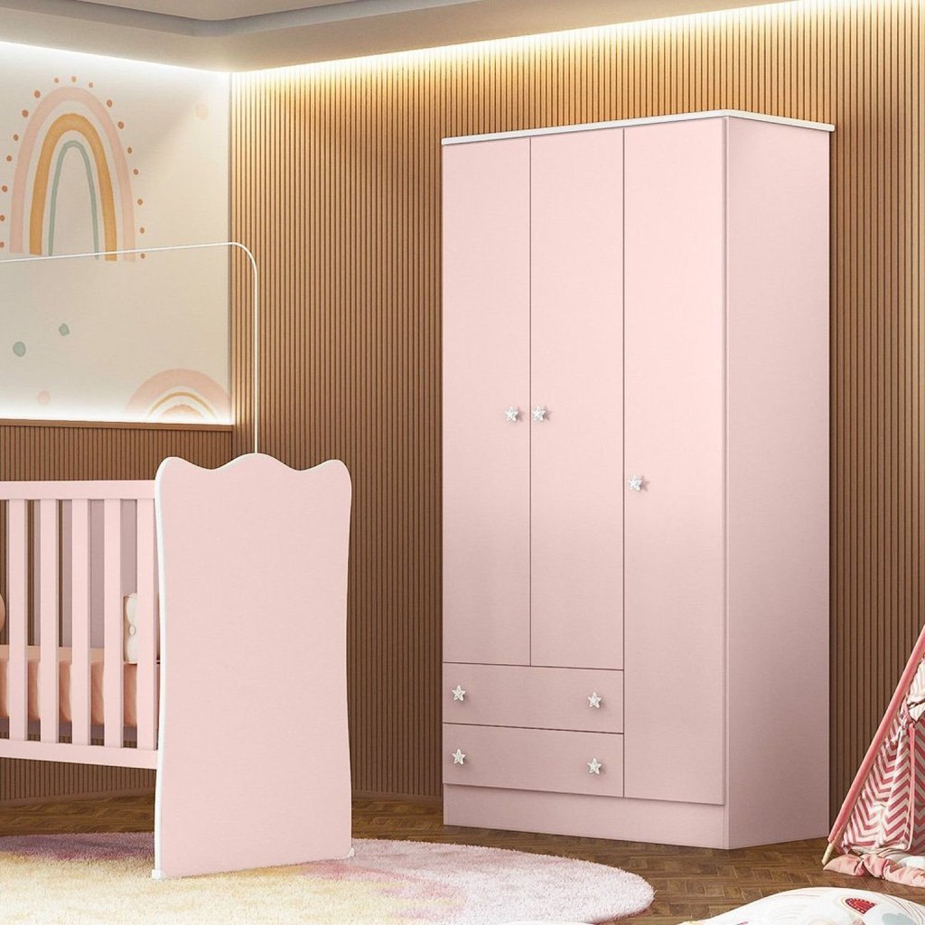 Guarda-Roupa Infantil 3 Portas 2 Gavetas Doce Sonho Rosa/Acetinado Rosa Acetinado