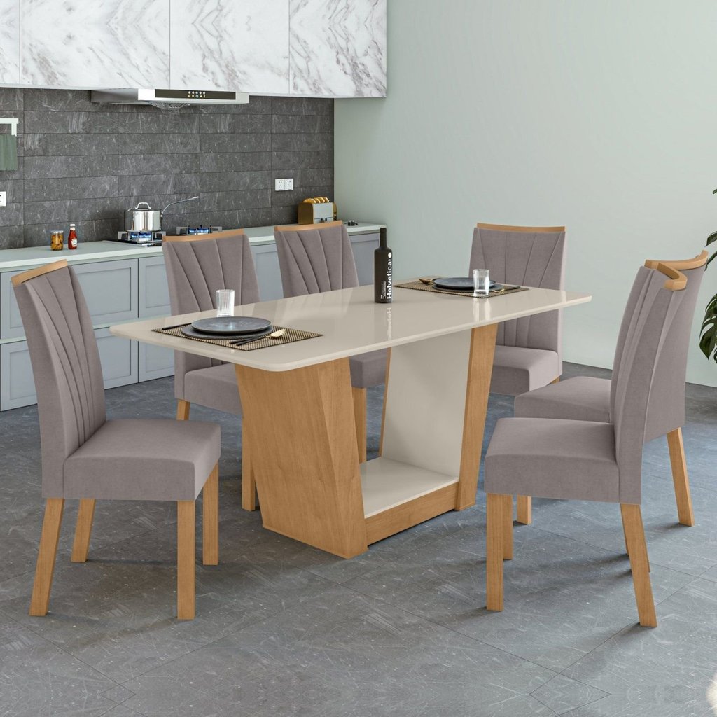 Conjunto Sala de Jantar 6 Lugares Retangular Tampo MDF Mesa e Cadeiras Apogeu Marrom Amêndoa Clean/Off White/ Capuccino