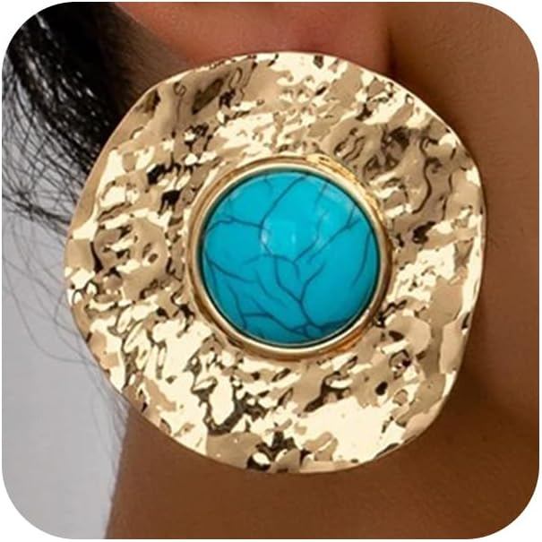 Brincos de Ouro com Disco Grande Martelado e Turquesa para Mulheres, Estilo Boho Vintage, Brincos de Pérola em Círculo G