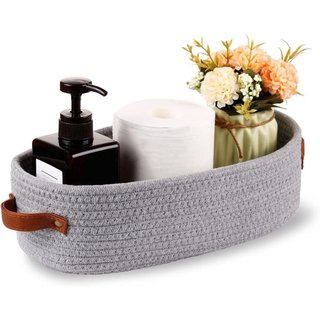 Cesto de Pequeno de Corda de Algodão Trançada para Papel Higiênico com Alças para Banheiro, 13"x5.9"x4" Ga
