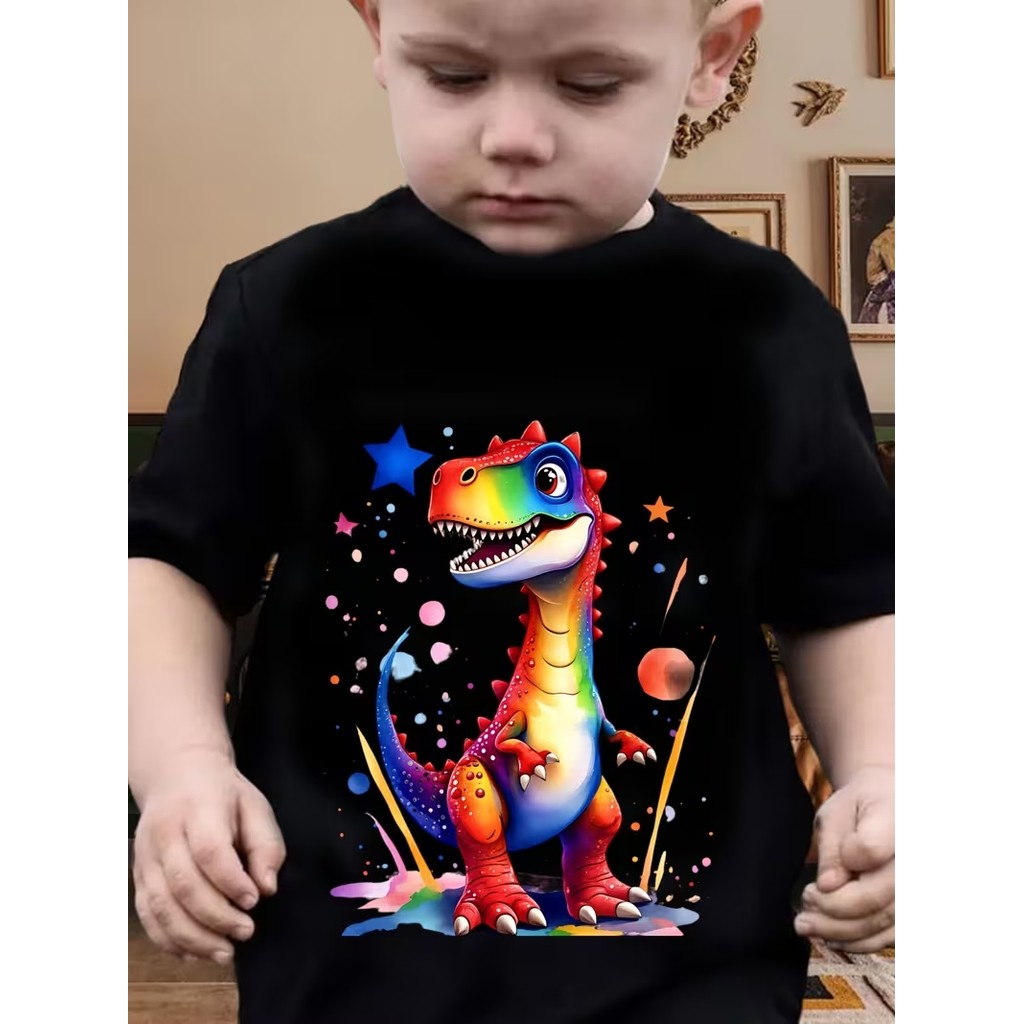 Camiseta Infantil Dinossauro Colorido - Estampas Exclusivas para Crianças 100% Algodão Unissex Menino E Menina