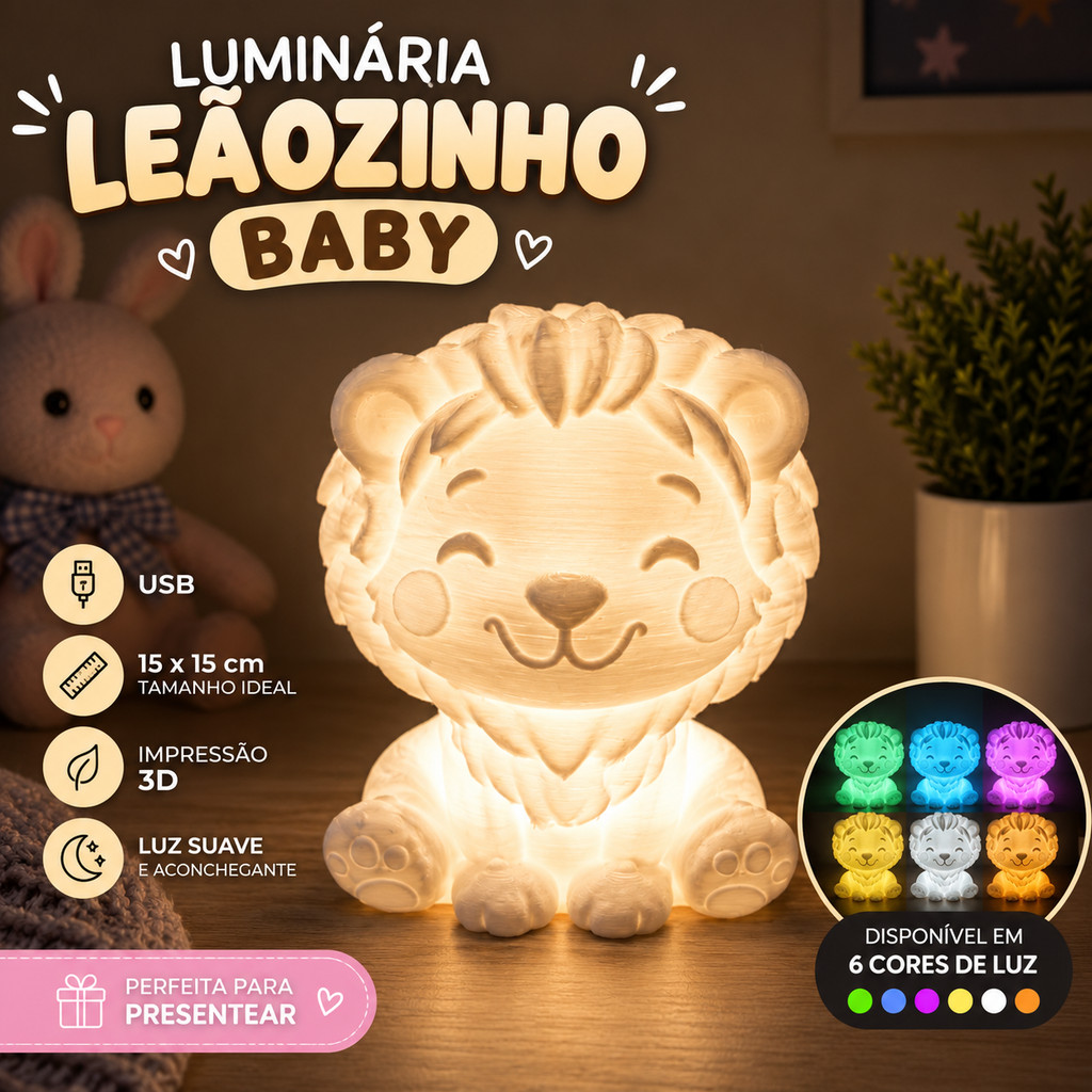 Luminária Leãozinho Baby LED Infantil Luz Noturna Quarto de Bebê Decoração Infantil Abajur