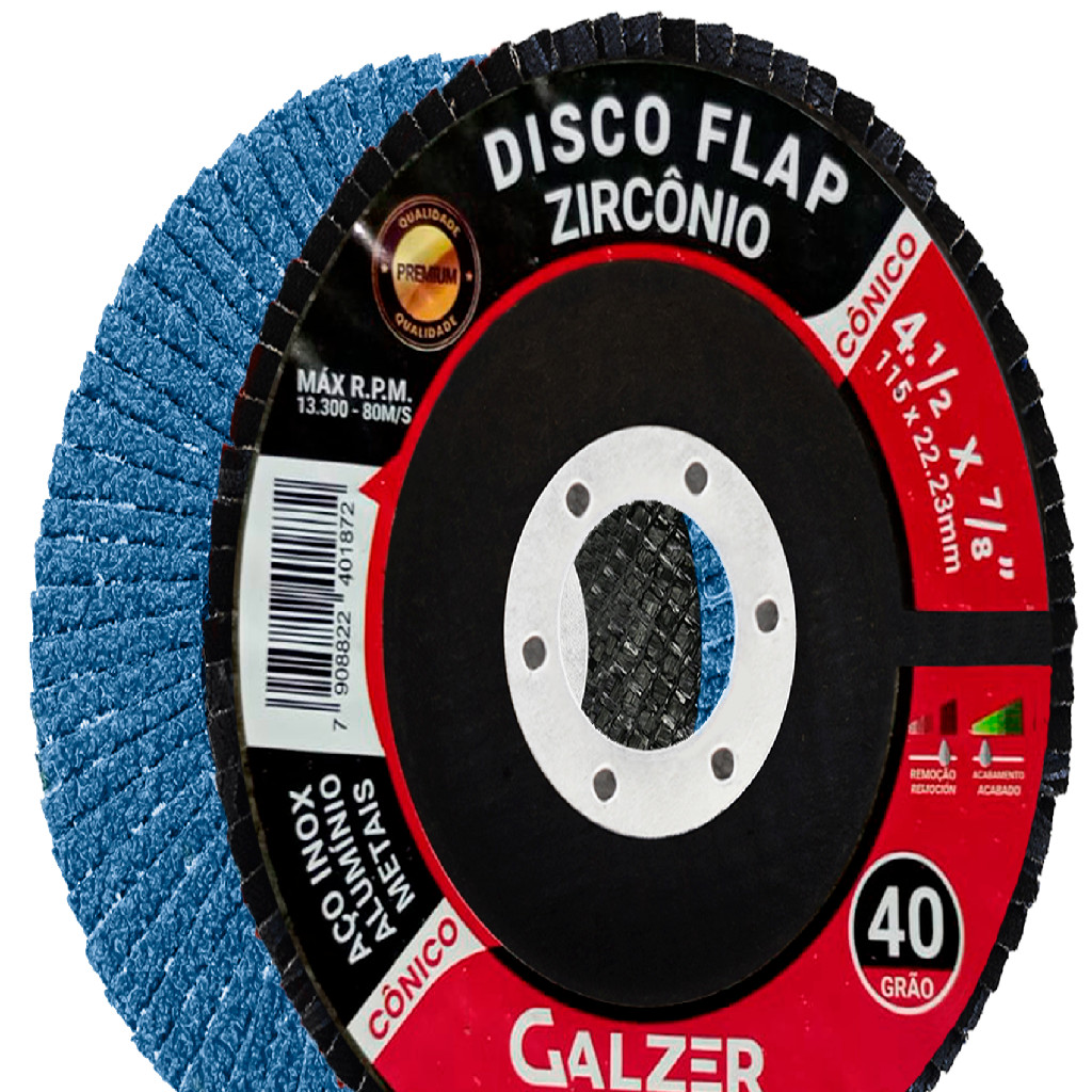 Disco Flap Zircônio Premium Reto conico 4.1/2 Grão 40 Galzer