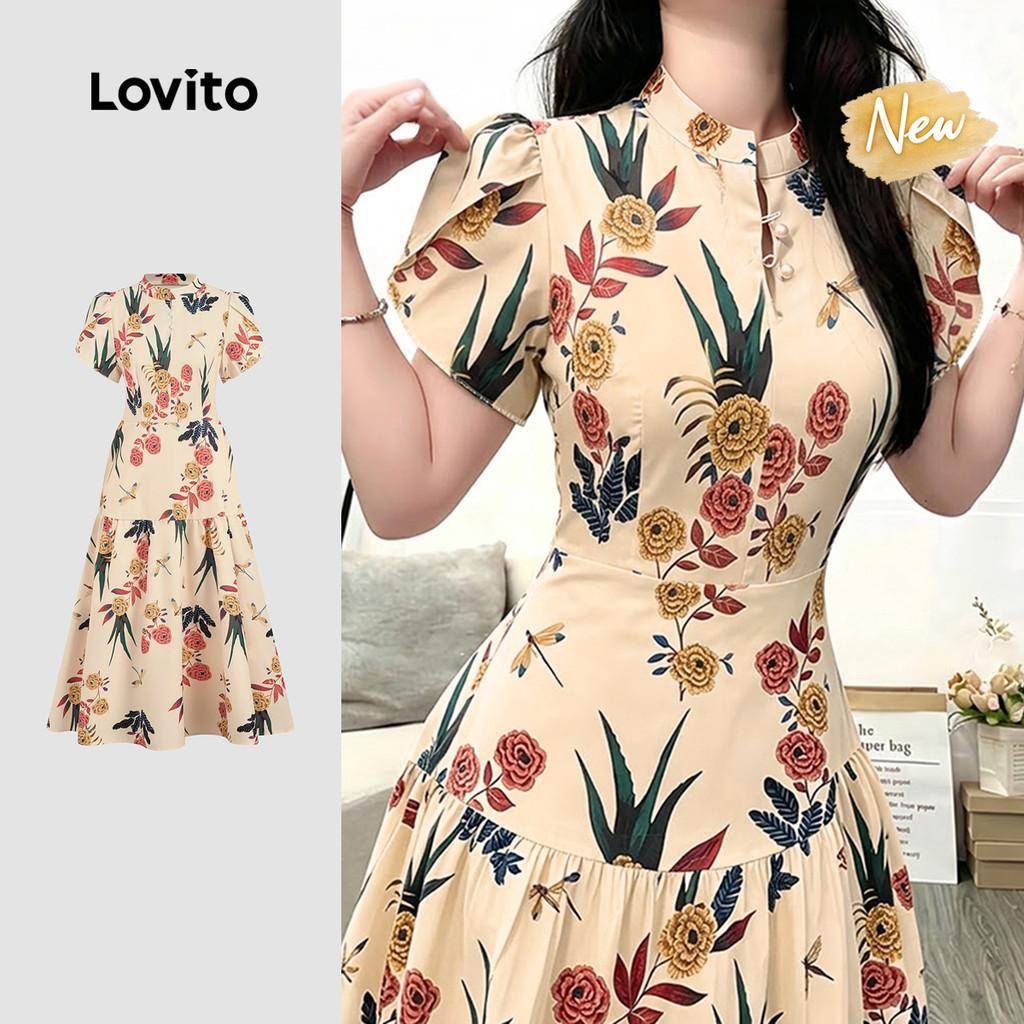 (New Arrival) Lovito Vestido Elegante com Padrão de Botões Plissado Primavera/ve