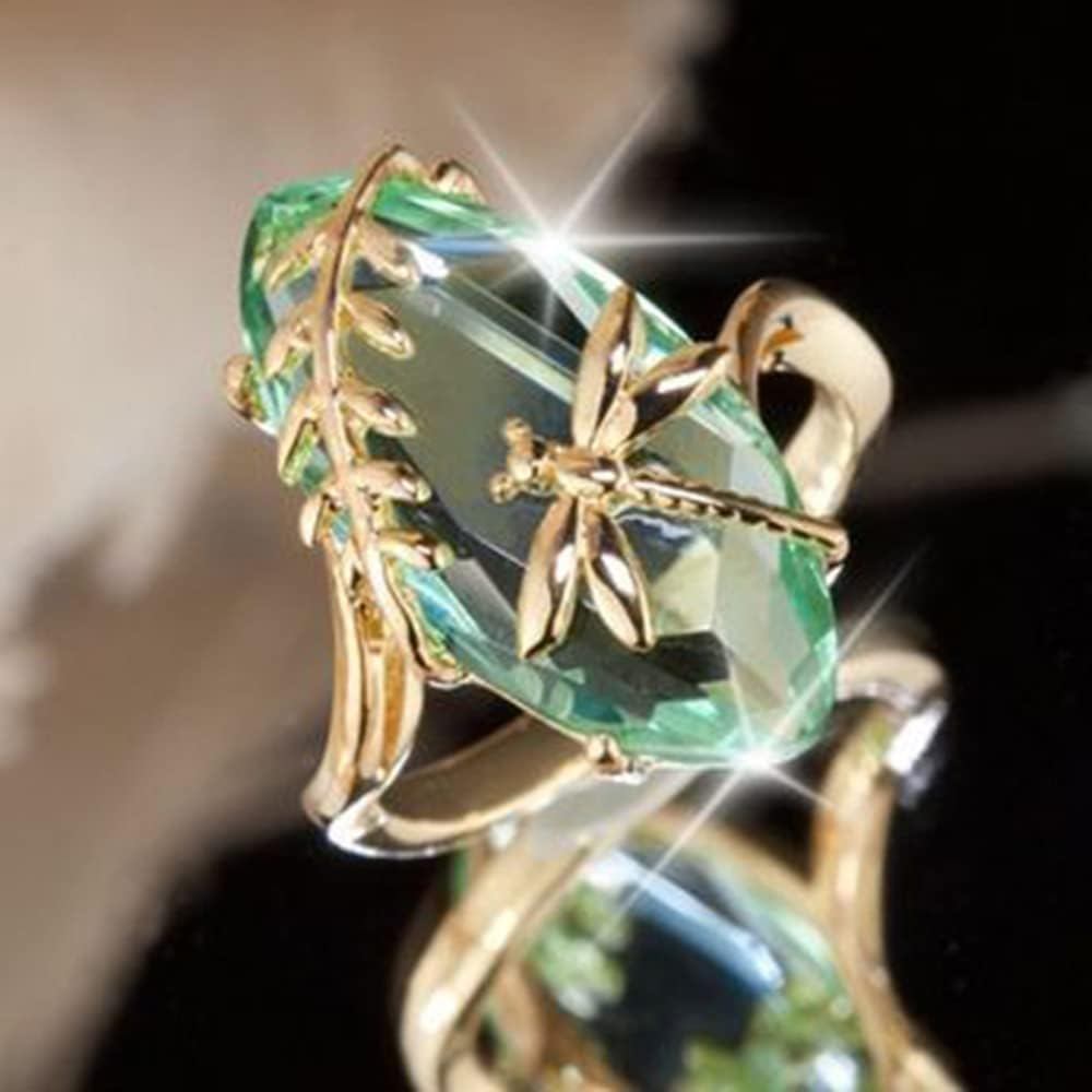 Anéis de Libélula em Ouro 18k com Cristal CZ Verde Oliva Marquise, Anéis de Casamento para Mulheres (10) GXOI